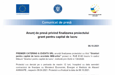 Anunț de presă privind finalizarea proiectului grant pentru capital de lucru