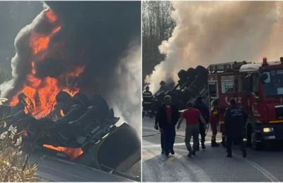 Un TIR s-a răsturnat şi a luat foc în județul Giurgiu