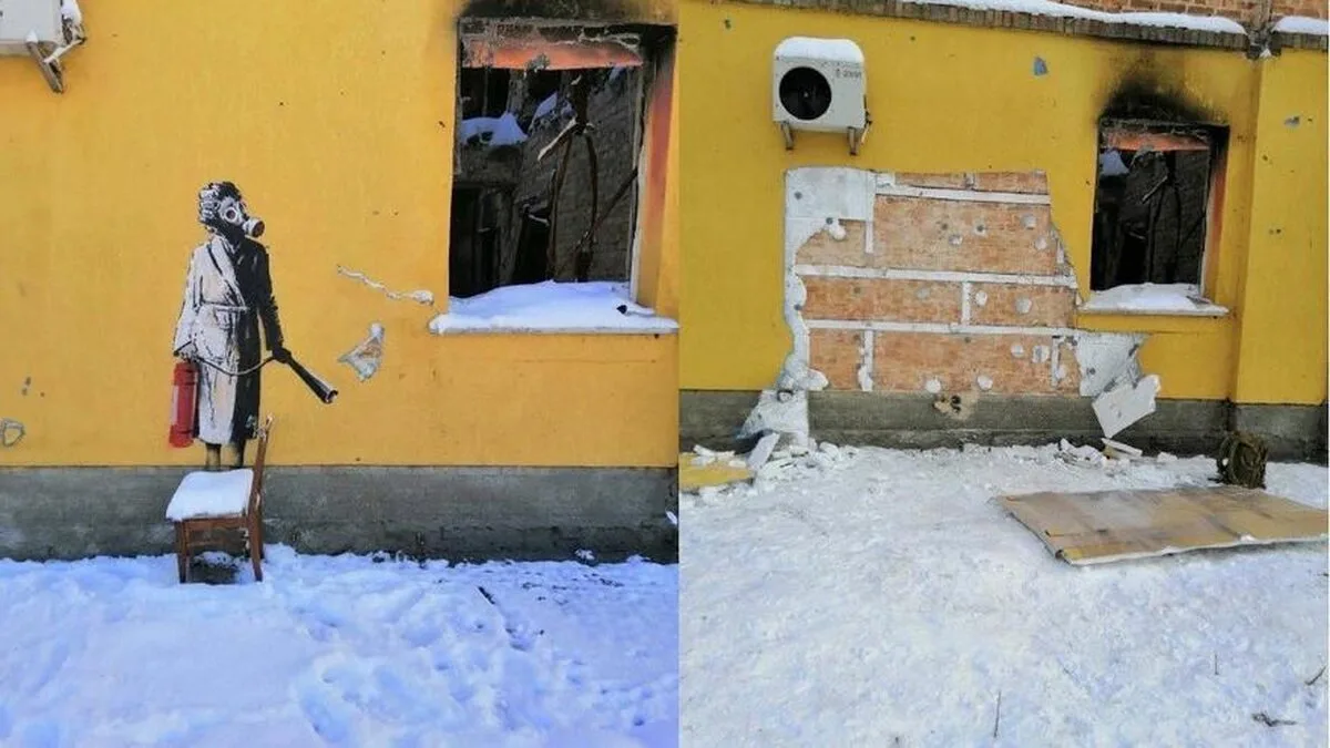 Un bărbat arestat pentru că a încercat să fure o pictură murală Banksy în Ucraina
