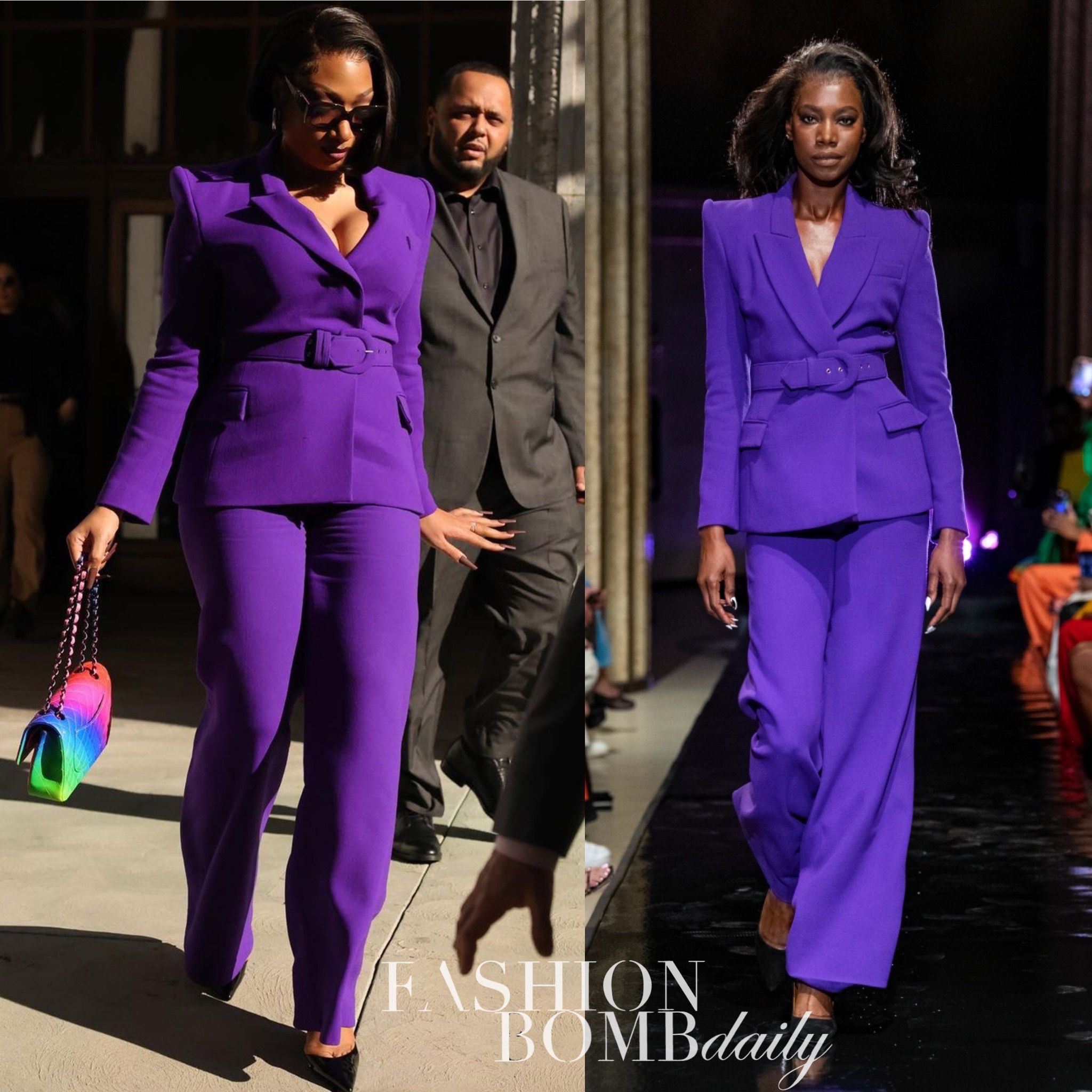 Armăsarul Megan Thee poartă rochie violetă Sergio Hudson și geantă Chanel Rainbow de 10.000 USD pentru prima zi de judecată cu Tory Lanez