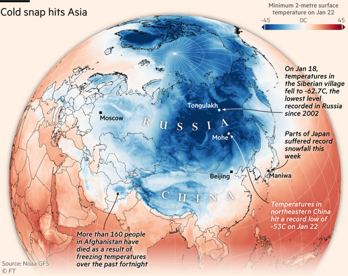 Graficul climatic al săptămânii: Nordul Asiei suferă de friguri extreme