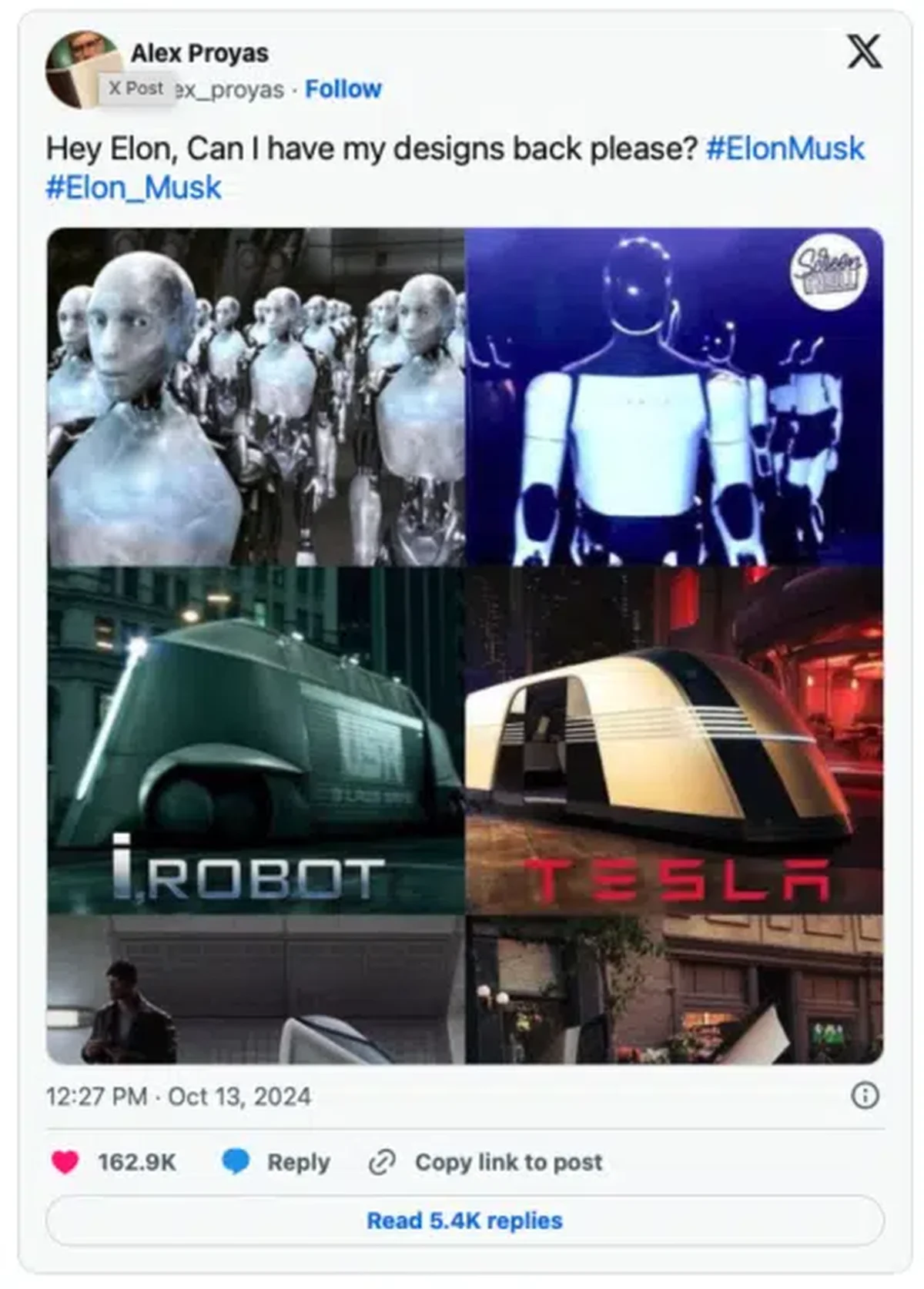 Un regizor de la Hollywood îl acuză pe Elon Musk că a copiat desenele pentru roboții Tesla și Cybercab