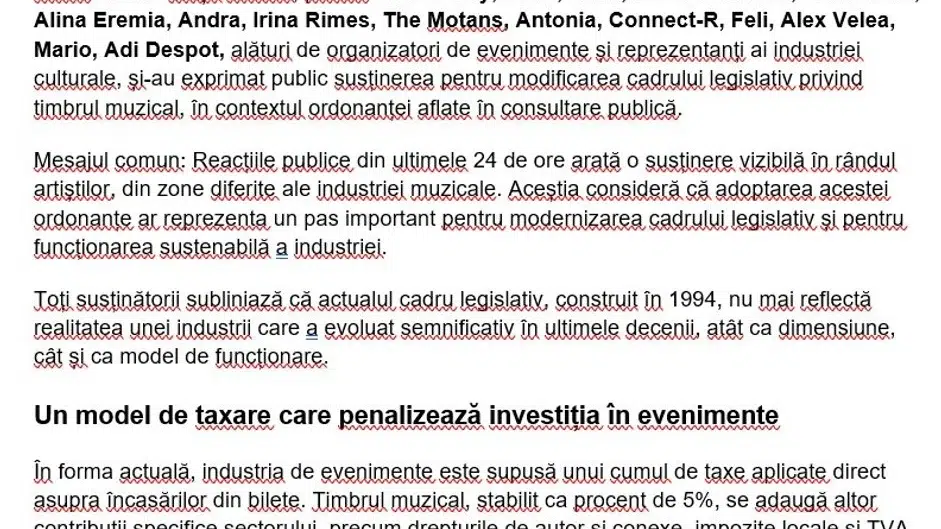 Peste 200 de artiști români cer modificarea legii timbrului muzical de 5%