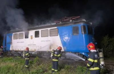Locomotiva unui tren de pasageri a luat foc in Bihor. Pompierii au stins incendiul in 10 minute