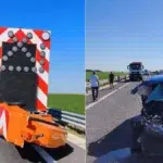 Utilaj DRDP distrus pe DEx12 Craiova Pitesti de un autoturism. Masina proteja un convoi de muncitori