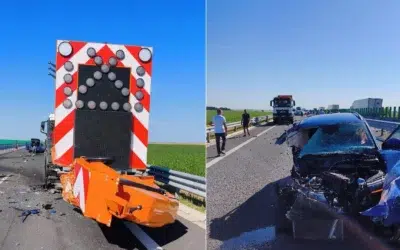 Utilaj DRDP distrus pe DEx12 Craiova Pitesti de un autoturism. Masina proteja un convoi de muncitori