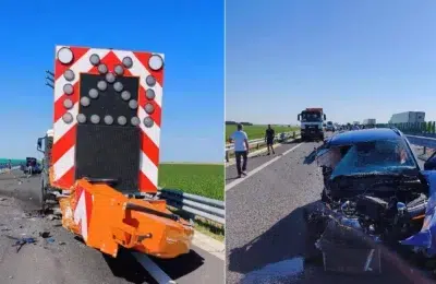 Utilaj DRDP distrus pe DEx12 Craiova Pitesti de un autoturism. Masina proteja un convoi de muncitori