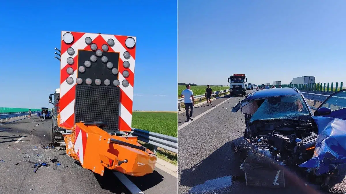 Utilaj DRDP distrus pe DEx12 Craiova Pitesti de un autoturism. Masina proteja un convoi de muncitori