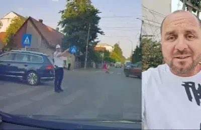 Masina neasigurata ruleaza singura in intersectie. Politist la un pas sa fie lovit din spate