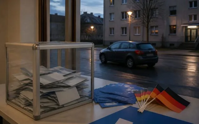 Urnă de vot și steaguri germane