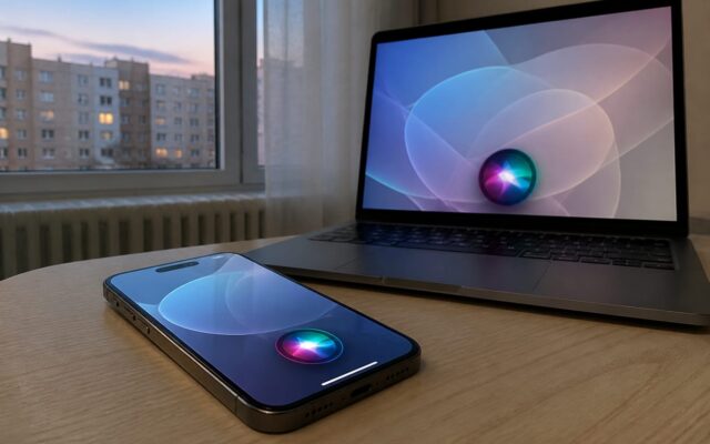 Siri AI pe MacBook și smartphone