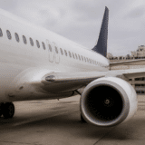 Un avion de pasageri alb cu coadă albastru închis, parcat la sol lângă un burduf de îmbarcare la un aeroport
