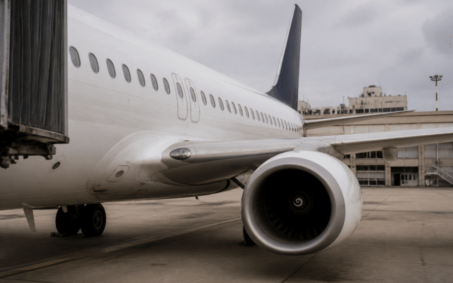 Un avion de pasageri alb cu coadă albastru închis, parcat la sol lângă un burduf de îmbarcare la un aeroport
