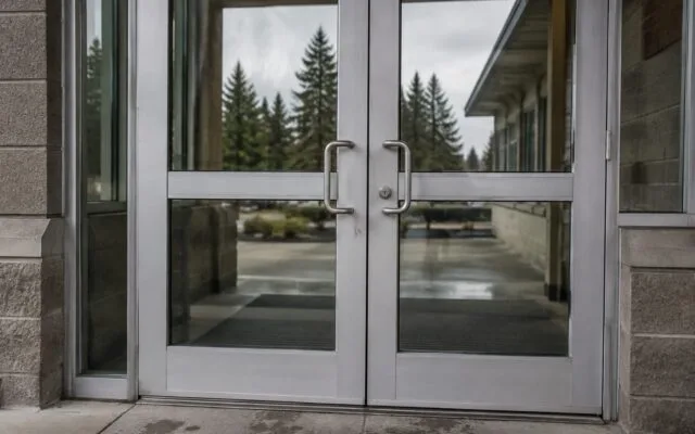 Ușa de la intrarea unei instituții în timpul unei zile înnorate