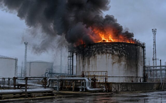 Rezervor petrolier cuprins de flăcări