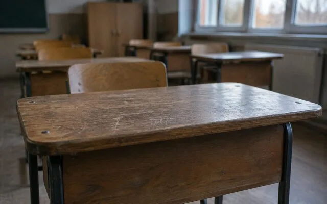 Imagine cu bănci din lemn într-o sală de clasă goală