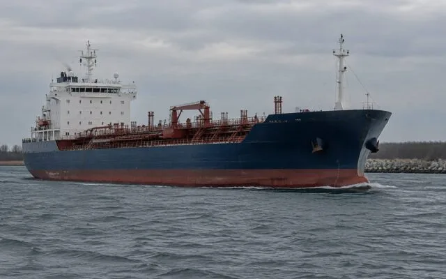 Navă comercială de transport produse petroliere navigând în apele maritime