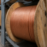Mai multe bobine mari din lemn pe care este înfășurat cablu gros de cupru sunt așezate pe rafturi metalice într-un spațiu industrial sau depozit