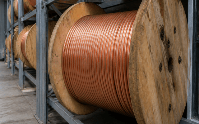 Mai multe bobine mari din lemn pe care este înfășurat cablu gros de cupru sunt așezate pe rafturi metalice într-un spațiu industrial sau depozit