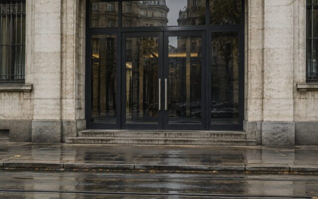 Intrarea unei clădiri de birouri dintr-un centru financiar european