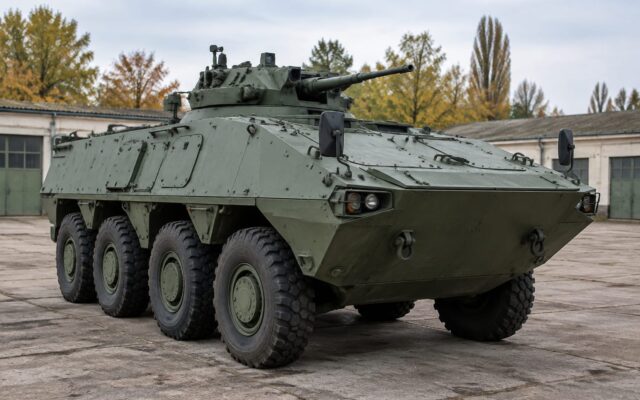Transportor blindat pentru trupe staționat în curtea unei baze militare