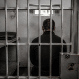 O imagine din spatele gratiilor unei celule de închisoare, arătând un bărbat cu spatele, stând pe marginea patului