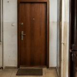 O imagine din interiorul unui bloc care prezintă ușa unui apartament, de culoare maro închis cu aspect de lemn, aflată la capătul unui coridor