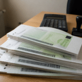 O fotografie de tip stock înfățișând teancuri de tichete de masă pe suport de hârtie, așezate pe un birou lângă un calculator de birou și o ștampilă