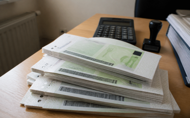 O fotografie de tip stock înfățișând teancuri de tichete de masă pe suport de hârtie, așezate pe un birou lângă un calculator de birou și o ștampilă