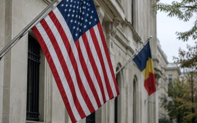 Steagurile Statelor Unite și României arborate pe fațada unei instituții oficiale