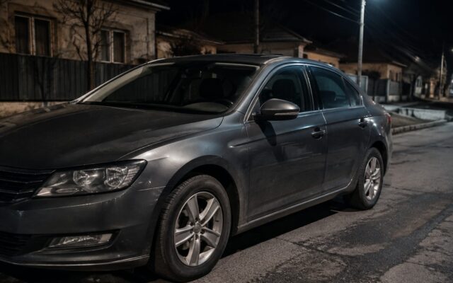Un autoturism staționat pe marginea drumului pe timp de noapte