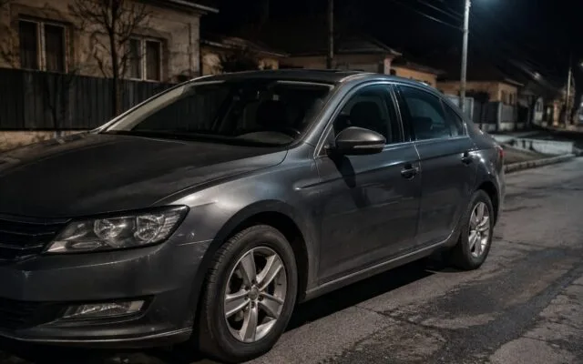 Un autoturism staționat pe marginea drumului pe timp de noapte