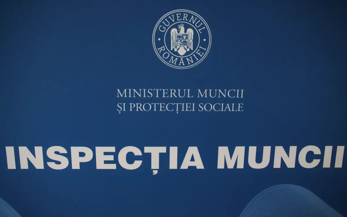Sigla Guvernului României, denumirea Ministerului Muncii și Protecției Sociale și numele instituției Inspecția Muncii pe un fundal albastru închis