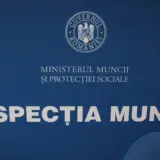 Sigla Guvernului României, denumirea Ministerului Muncii și Protecției Sociale și numele instituției Inspecția Muncii pe un fundal albastru închis
