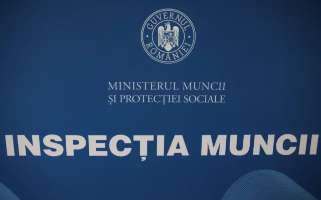 Sigla Guvernului României, denumirea Ministerului Muncii și Protecției Sociale și numele instituției Inspecția Muncii pe un fundal albastru închis