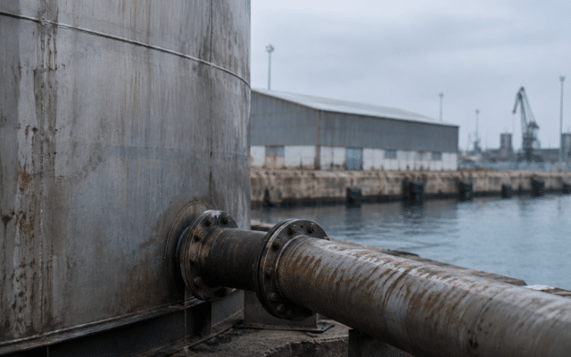 O conductă industrială metalică conectată la un rezervor
