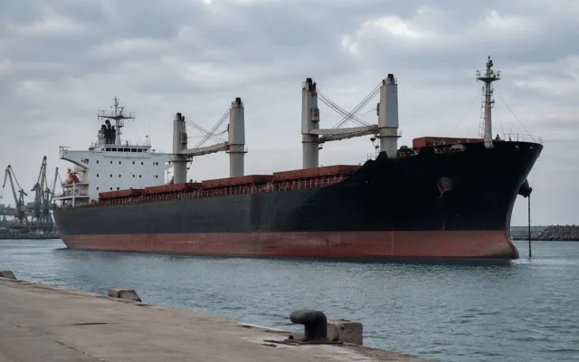Navă comercială într-un port