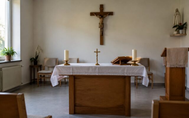 Altar cu crucifix și lumânări