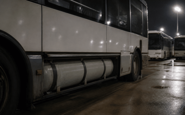O fotografie de noapte care prezintă partea laterală a unui autobuz alb parcat
