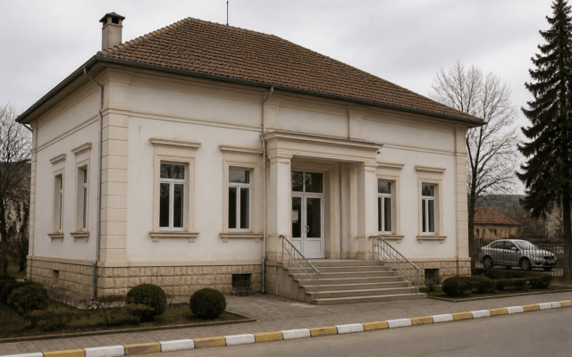 O clădire administrativă sau publică, cu un singur etaj, având fațada albă, coloane la intrare și o scară de acces