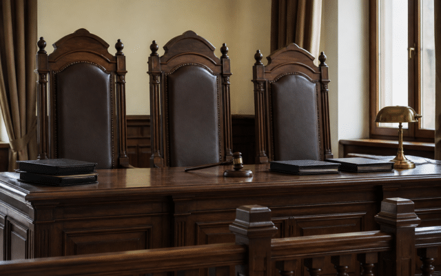 O sală de judecată cu mobilier clasic din lemn masiv