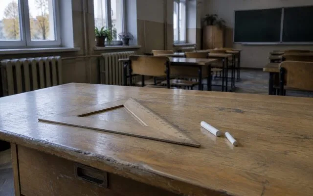 Sala de curs a unei școli cu bănci și instrumente didactice