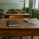 O sală de clasă cu bănci vechi din lemn și o catedră în prim-plan