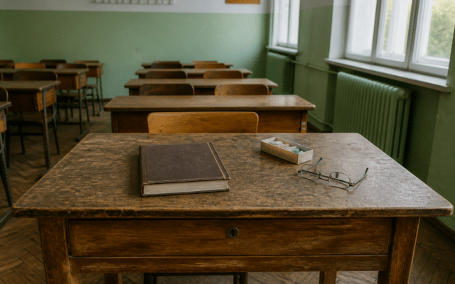 O sală de clasă cu bănci vechi din lemn și o catedră în prim-plan
