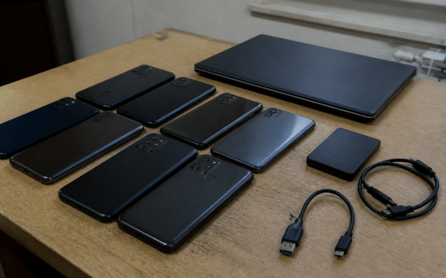 Mai multe telefoane mobile negre așezate pe o masă de lemn, toate cu ecranul în jos, lângă un laptop închis, un hard disk extern și două cabluri USB