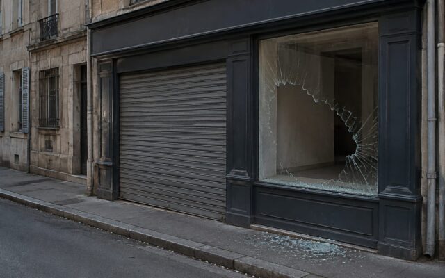 Rulou metalic deteriorat al unui spațiu comercial de pe o stradă europeană