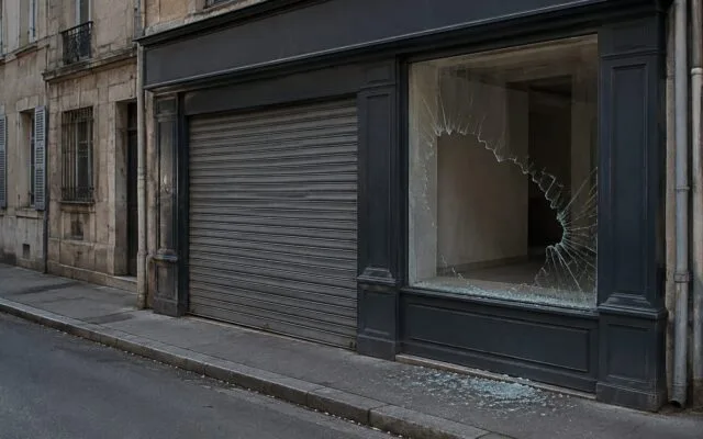 Rulou metalic deteriorat al unui spațiu comercial de pe o stradă europeană