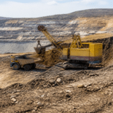 O carieră minieră în trepte, cu un excavator industrial galben de mari dimensiuni care încarcă pământ într-un autocamion de tip dumper
