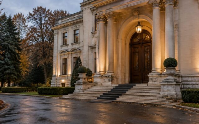 Intrarea principală a unei clădiri istorice cu arhitectură clasică impunătoare