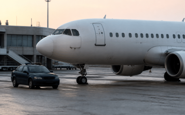 Un avion alb de pasageri parcat pe o pistă de aeroport, iar în fața lui se află o mașină de poliție de culoare albastru închis cu girofaruri